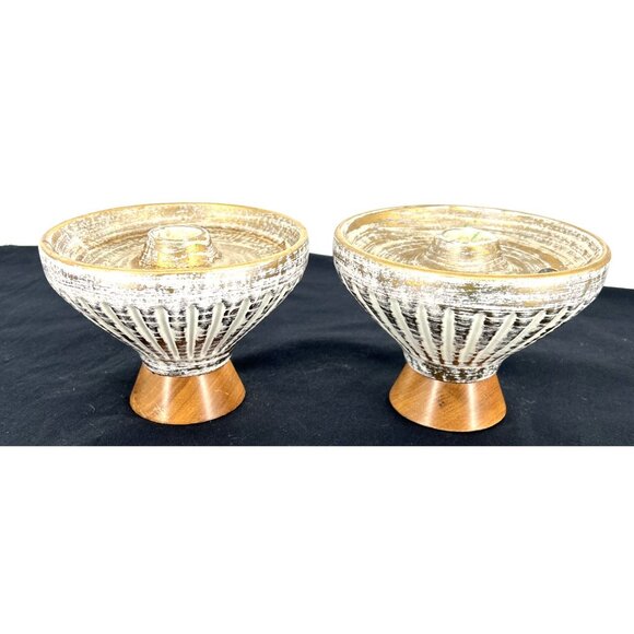 Haeger Gold Tweed Glaze Candleholders 22kt Lot of 2 Ceramic 4" Tall Wood Base - Picture 9 of 12